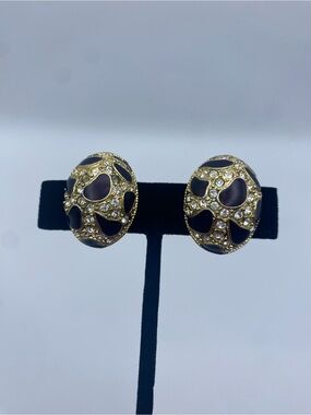 Vintage Gold and Black Crystal Dome Clip-On Earrings